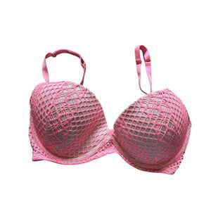 Pink Fishnet Bra Plunge‎ Push-Up Adjustable Straps Sexy Lingerie Top